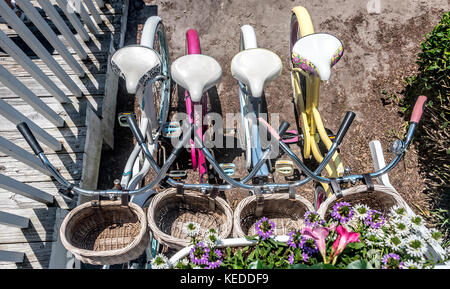 Looking down on colorful women's bicycles with baskets for rent in Beaufort, North Carolina, a vacation destination on the Crystal Coast / Outer Banks Stock Photo