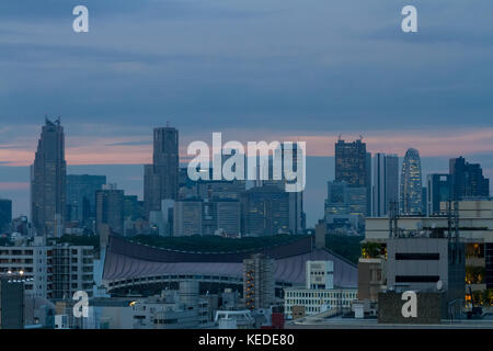 Tokyo city skyline with the Shinjuku skyscrapers and Yoyogi Gymnastic stadium in the foreground, Tokyo, Japan Stock Photo