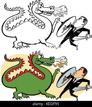 A businessman fights off a fire breathing dragon with a sword and a shield. Stock Vector