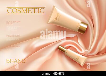 Realistic 3d cosmetic tube ad satin fabric. Drapery silk pink beige color propotional poster template. Golden package set vector illustration Stock Vector