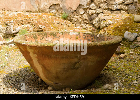Antique vat overgrown with moss in ruins of Pompeii, Italy Stock Photo