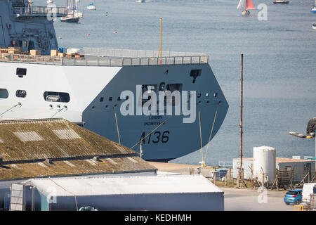 RFA support vessel Tidespring alongside for fitting out at Falmouth docks, view of stern Stock Photo