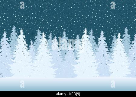Vector illustration of a snowy winter forest with coniferous trees and snowflakes on a winter day under blue sky Stock Vector