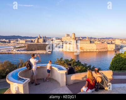 MARSEILLE, FRANCE - AUGUST 07, 2017: Saint Jean Castle and Cathedral de la Major and the Vieux port in Marseille, France, as seen from Palais du Pharo Stock Photo