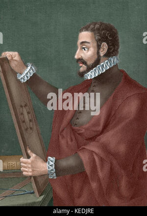 Juan de Herrera (1530-1597). Spanish architect, mathematician and geometrician. Portrait. Engraving. Colored. Stock Photo