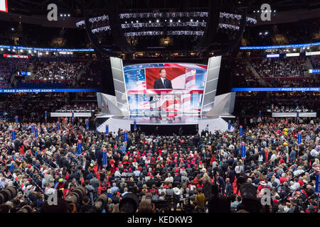 RNC Chairman Reince Priebus addresses delegates on the final day of the Republican National Convention July 21, 2016 in Cleveland, Ohio. Stock Photo