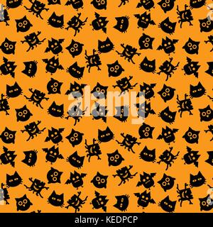 Black Owl Bat Cat and Demon of Halloween icons seamless pattern vector design concept on orange background Stock Vector