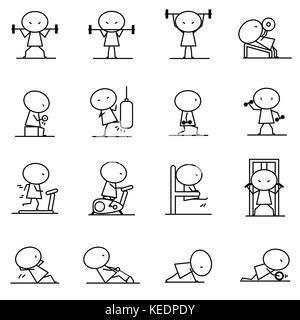 Set of Cartoon simple line character in variety action of Excercise fitness training concept for vector graphic design icon Stock Vector