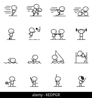 Set of Cartoon simple line charactor in variety action of sport concept for vector graphic design Stock Vector