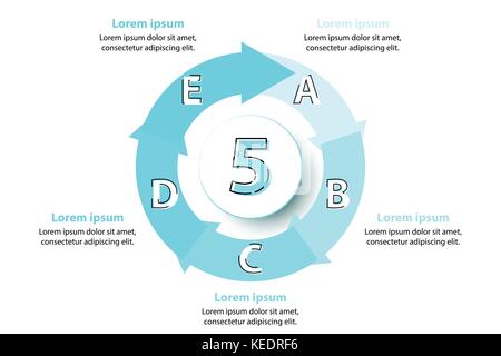 Five topics blue arrow chart with 3d paper circle in center for website presentation cover poster vector design infographic illustration concept Stock Vector