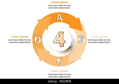 Four topics orange arrow chart with 3d paper circle in center for website presentation cover poster vector design infographic illustration concept Stock Vector