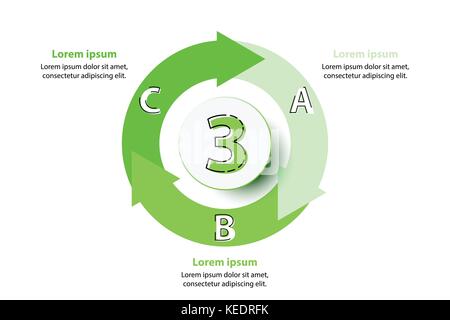Three topics green arrow chart with 3d paper circle in center for website presentation cover poster vector design infographic illustration concept Stock Vector