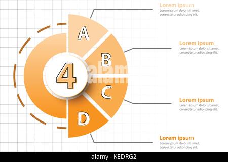 Four topics of Orange half pie chart with 3d paper circle in center for website presentation cover poster vector design infographic concept Stock Vector