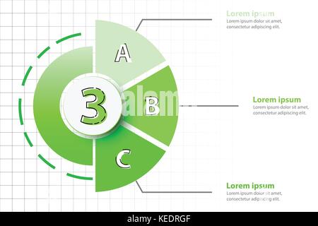 Three topics of Green half pie chart with 3d paper circle in center for website presentation cover poster vector design infographic concept Stock Vector