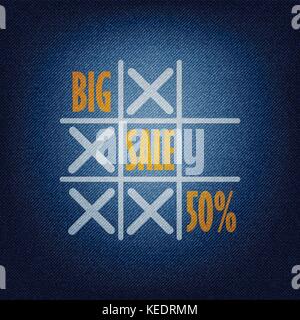 Tic tac toe game with word big sale 50% off on blue background denim texture vector concept design illustraion Stock Vector