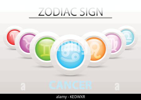 Horoscope astrology zodiac sign symbol of Cancer on sequence with 3d simple white button paper and shadow drop in graphic design icon vector Stock Vector