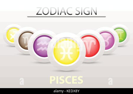 Horoscope astrology zodiac sign symbol of Pisces on sequence with 3d simple white button paper and shadow drop in graphic design icon vector Stock Vector