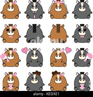 Lovely cute couple cartoon horse collection set with variety charactor isolate vector icon Stock Vector