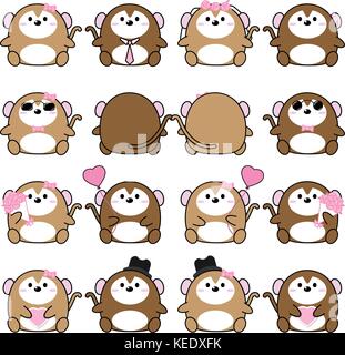Lovely cute couple cartoon monkey collection set with variety character isolate vector icon Stock Vector