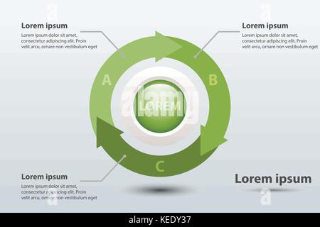 Three topics green arrow chart 3d paper with circle in center for website presentation cover poster vector design infographic illustration concept Stock Vector