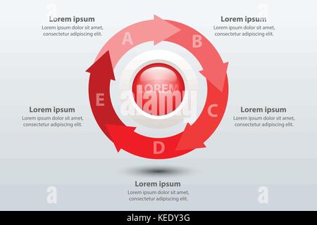 Five topics red arrow chart 3d paper with circle in center for website presentation cover poster vector design infographic illustration concept Stock Vector