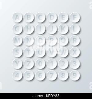 Simple white 3d circle paper of alphabet and number icon for vector design illustration concept Stock Vector