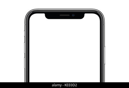 Close-up new modern smartphone similar to iPhone X mockup isolated on white background. Stock Photo