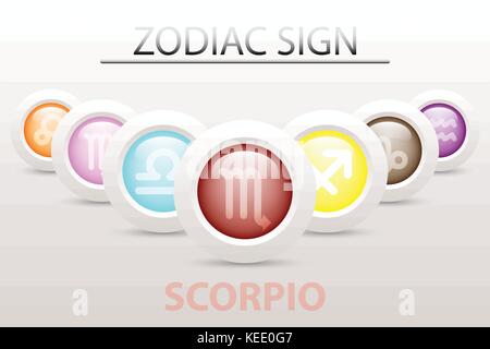 Horoscope astrology zodiac sign symbol of Scorpio on sequence with 3d simple white button paper and shadow drop in graphic design icon vector Stock Vector