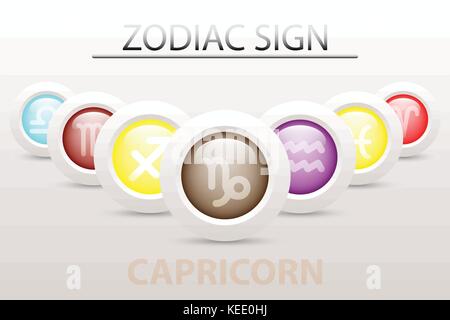 Horoscope astrology zodiac sign symbol of Capricorn on sequence with 3d simple white button paper and shadow drop in graphic design icon vector Stock Vector