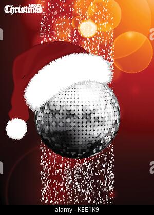 Merry Christmas Glowing Red Festive Background with Silver Disco Ball with Santa Hat snow and Decorative Text Stock Vector