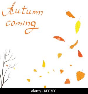 Autumn pattern on a white background with colorful falling leaves and tree Stock Vector