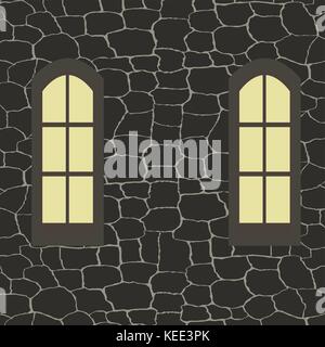 glowing windows on the background of a stone wall in antique style Stock Vector