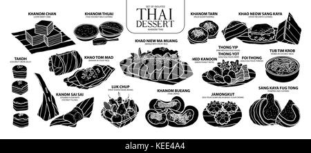 Set of isolated silhouette Thai dessert in 14 menu. Cute hand drawn food vector illustration in white outline and black plane on white background. Stock Vector