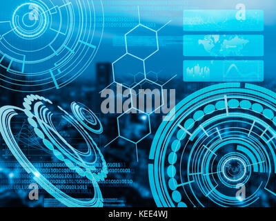 cyber hud used as electronic and futuristic touch interface laser light on city background Stock Photo