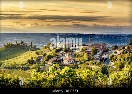 view of Treiso village in langhe, northern italy on late summer day at twilight Stock Photo