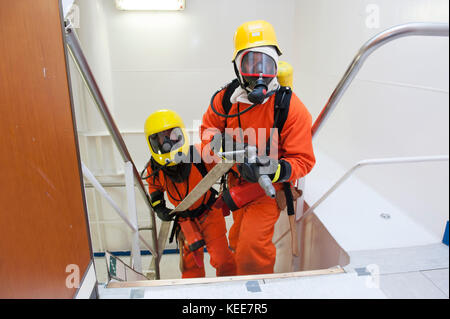 Crew Firefighting Practice On Board A Cruise Ship Kee7r5 