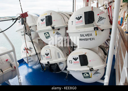 Emergency life raft canisters on a cruise ship Stock Photo