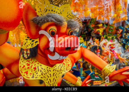 BALI, INDONESIA - MARCH 08, 2017: Impresive hand made structure od red evel face, which takes place on the even of Nyepi day in Bali, Indonesia. A Hindu holiday marked by a day of silence Stock Photo