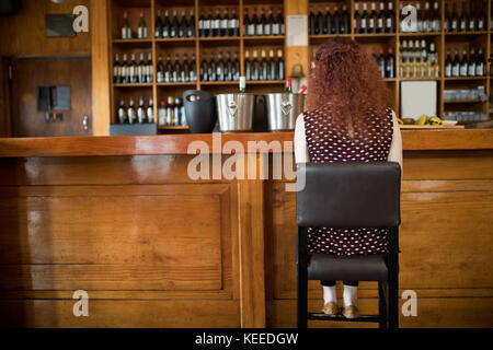 Rear view of woman sitting on chair at counter in bar Stock Photo