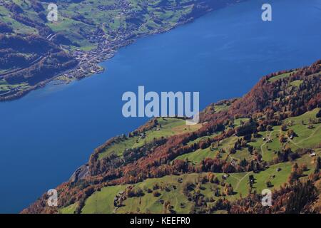 View from Chaeserrugg. Autumn scene in Switzerland. Lake Walensee. Stock Photo