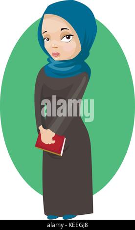 muslim girl holding book. Education concept card Stock Vector