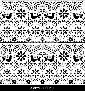 Mexican folk art vector seamless pattern with birds and flowers, black and white fiesta design inspired by traditional art form Mexico Stock Vector