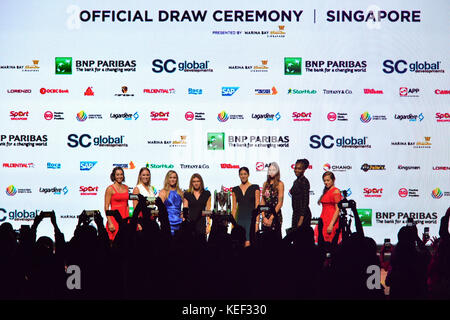 Singapore, Czech's Karolina Pliskova. 20th Oct, 2017. France's Caroline Garcia, Denmark's Caroline Wozniacki, Ukraine's Elina Svitolina, Romania's Simona Halep, Spain's Garbine Muguruza, Czech's Karolina Pliskova, United States' Venus Williams and Latvia's Jelena Ostapenko (From L to R) pose for photos during the WTA Finals official draw ceremony held in Singapore on Oct. 20, 2017. Credit: Then Chih Wey/Xinhua/Alamy Live News Stock Photo