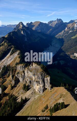 View over Alpstein Massif from Mt. Hoher Kasten, Alpstein, Kanton Appenzell Innerrhoden, Switzerland Stock Photo
