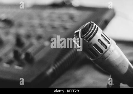 old microphone stands in the old Studio Stock Photo