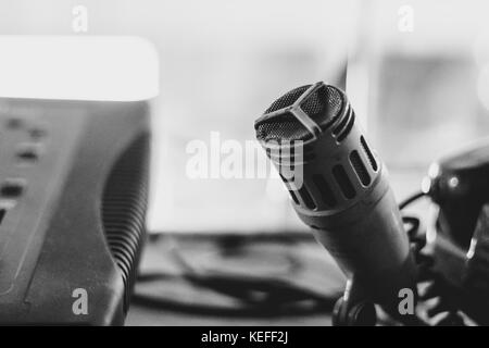 old microphone stands in the old Studio Stock Photo