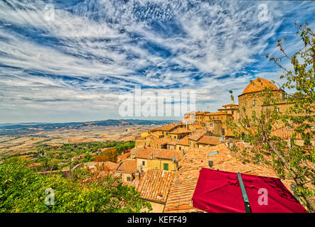 view of Volterra, a time travel through the roofs of the ancient buildings of this wonderful medieval town in Tuscany, Italy Stock Photo