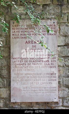 The Arènes de Lutèce (first century AD) - A Roman arena, one of the oldest monument  of Paris - Plaque Stock Photo