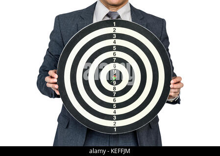 businessman hold dartboard with arrow hitting the target isolate on white background Stock Photo