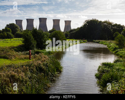 Cooling towers of Willington Power Station in south Derbyshire England UK  a coal fired power station with Trent and Mersey Canal in foreground. Stock Photo